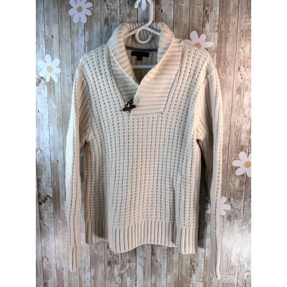Banana Republic Women Sweater Sz M Ivory Cowl Neck Toggle Merino Wool Weave Knit - Picture 1 of 9